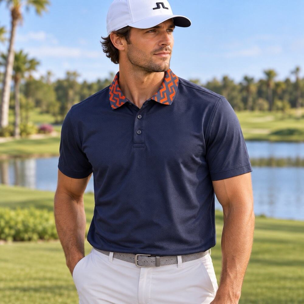 J.Lindeberg Karter Regular Fit Golf Polo Men M Navy Performance Print Collar
